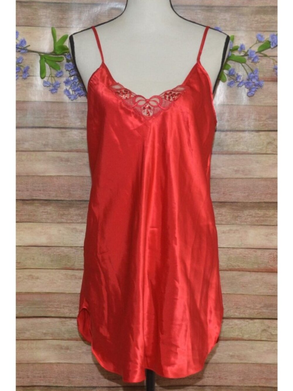 VTG Apostrophe Red Satin Slip Dress Chemise Lingerie Sexy Size M Lace Sequence